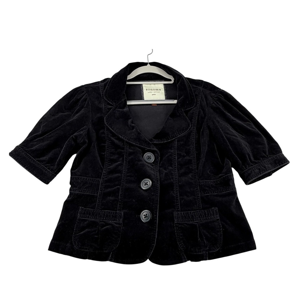 Sonoma Black Corduroy Short Sleeve Blazer Jacket Women Petite Large Peplum Y2K
